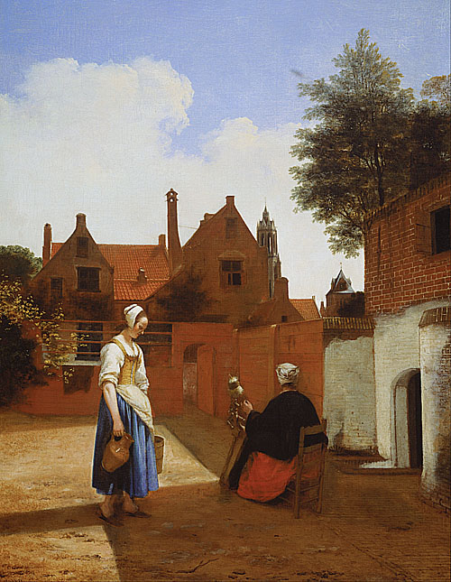 台夫特的傍晚庭院:一個紡織的女人 Courtyard in Delft at Evening:a Woman Spinning